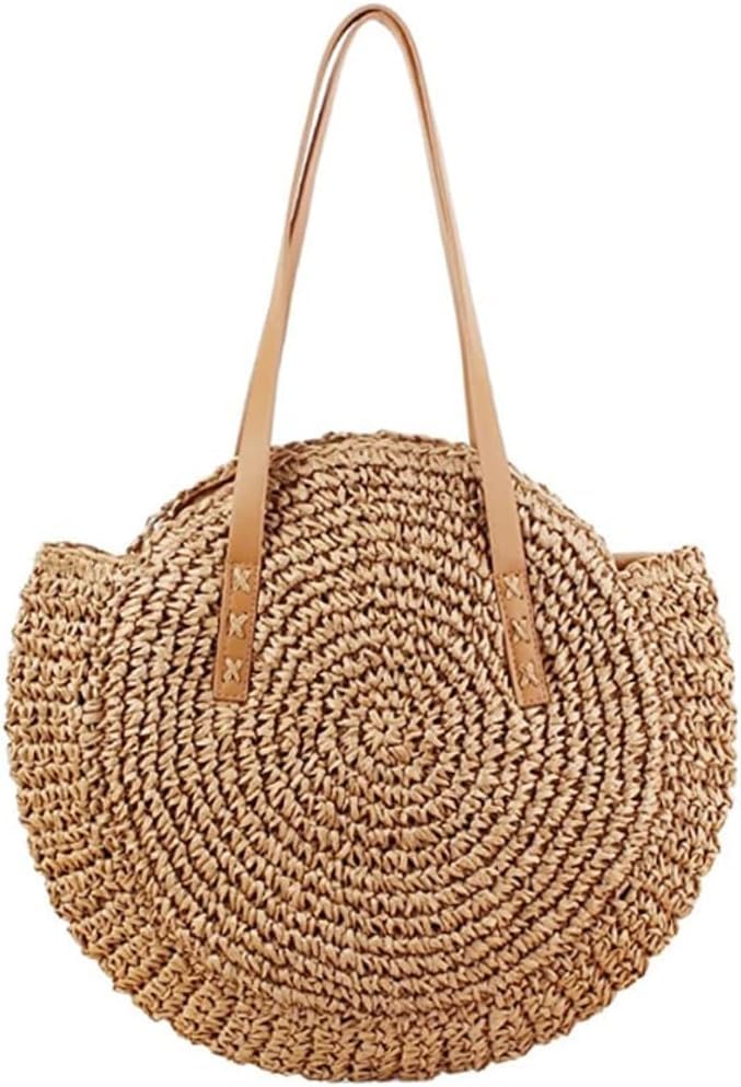 Bolsa de palha redonda bolsa de ombro feminina bolsa de praia de verão bolsas de palha Bohemia transversal 43 x 38 cm castanho claro M, bolsas redondas para mulheres