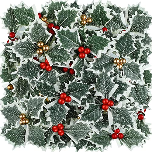 48 Pieces Artificial Holly Berries With Green Leaves Gold Red Holly Berry Stems With Leaves Artificial Holly Leaves And Berries For Christmas Wreath Arrangement Cake Toppers Craft Wedding Party Home #TOP13