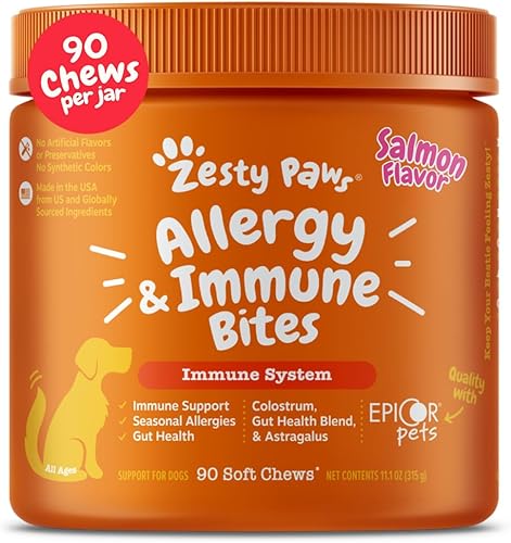 Zesty Paws Suplemento antipicazón para alergias, masticables suaves para la piel y alergias estacionales con probióticos Omega 3 y Epicor Pets