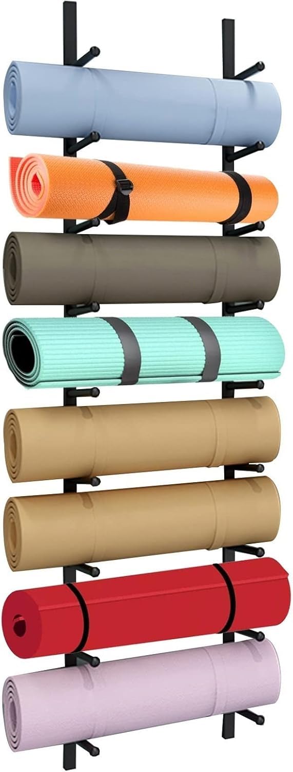 Soporte metálico de 9 niveles para esterillas de yoga, durabilidad y elegancia en negro
