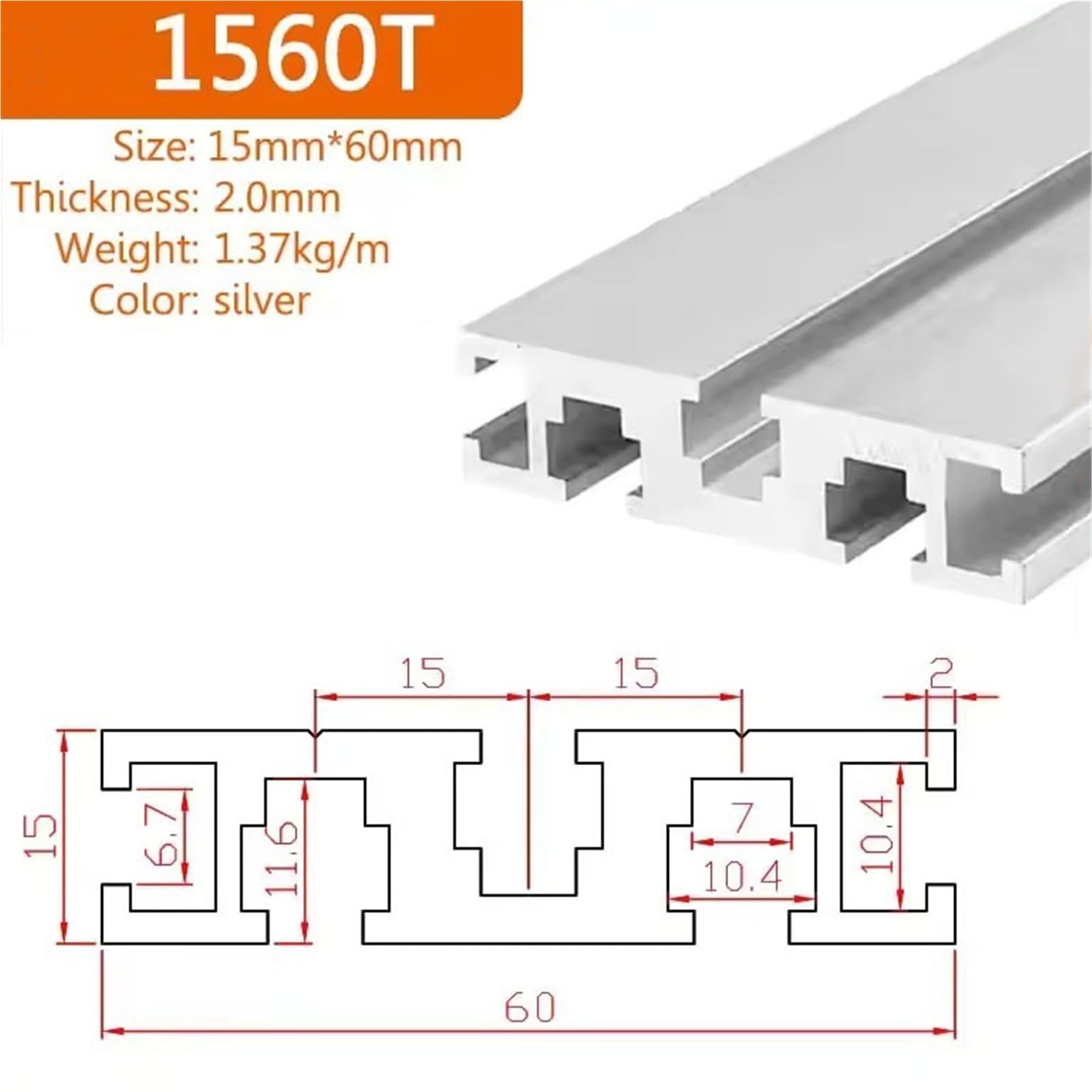 Telaio in estrusione di alluminio 1560T, profilo guida lineare anodizzato argento 15x60mm for struttura di recinzioni industriali Quadro(750mm 29.53" long)