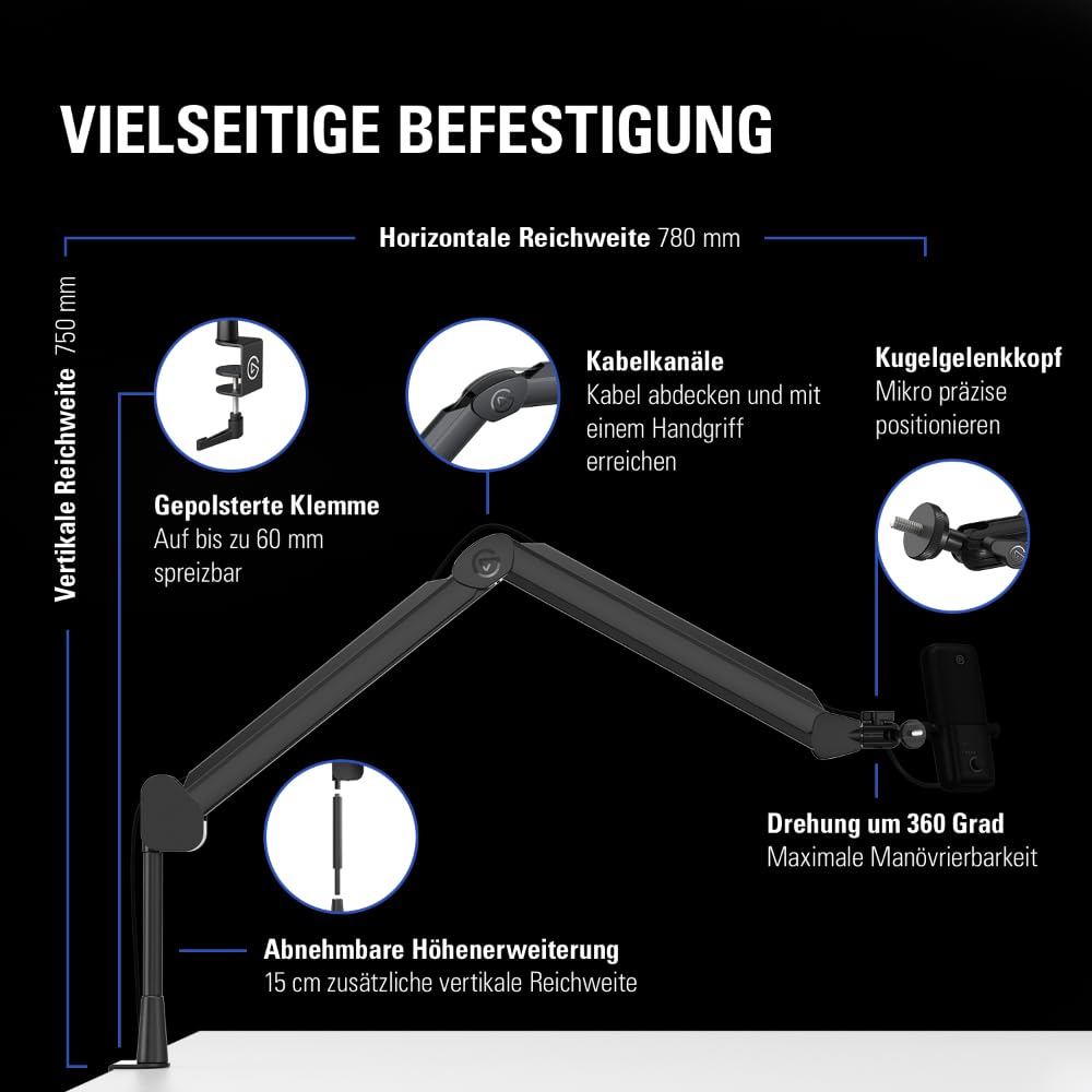 Elgato Wave Mic Arm High Rise, Broadcasting-Boomarm | Kabelkanäle, Tischklemme, 1/4"-Adapter, voll einstellbar, für Podcast, Streaming, Gaming, Home Office