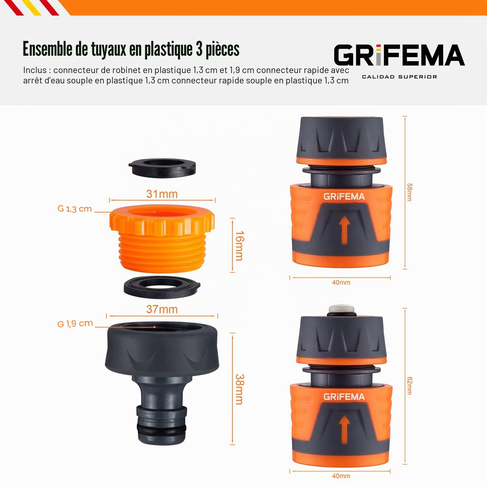 Tuyau d'arrosage jaune Karcher de 50m & GRIFEMA GE1103, Kit de Raccordement de Robinet/Tuyau de Jardin avec Connecteur Waterstop 1/2"