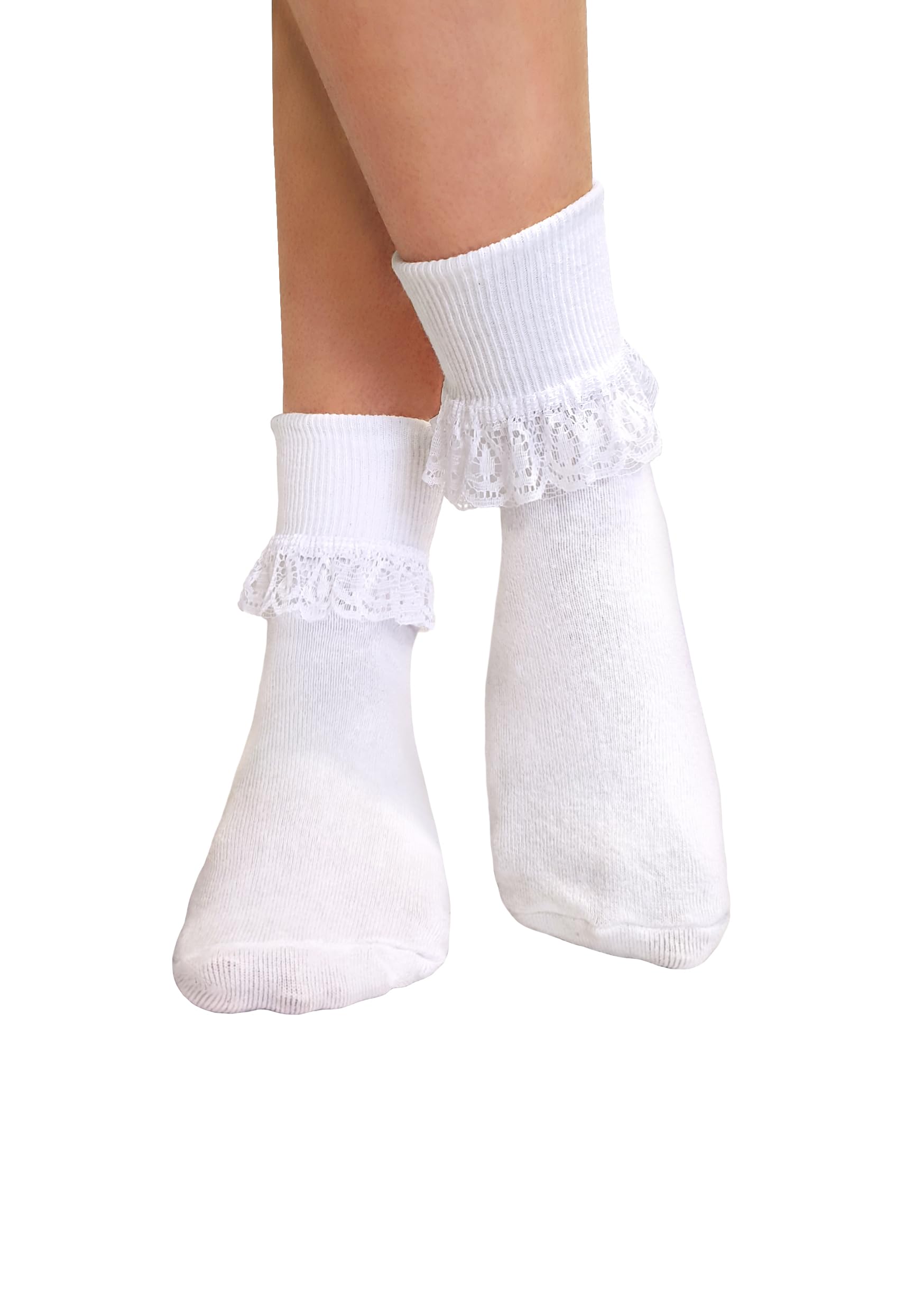 NuJake Girls Lace Frilly Ankle Socks – Cotton-Rich Crew Length, Cute School & Fashion Socks, UK 4–5.5 (White)