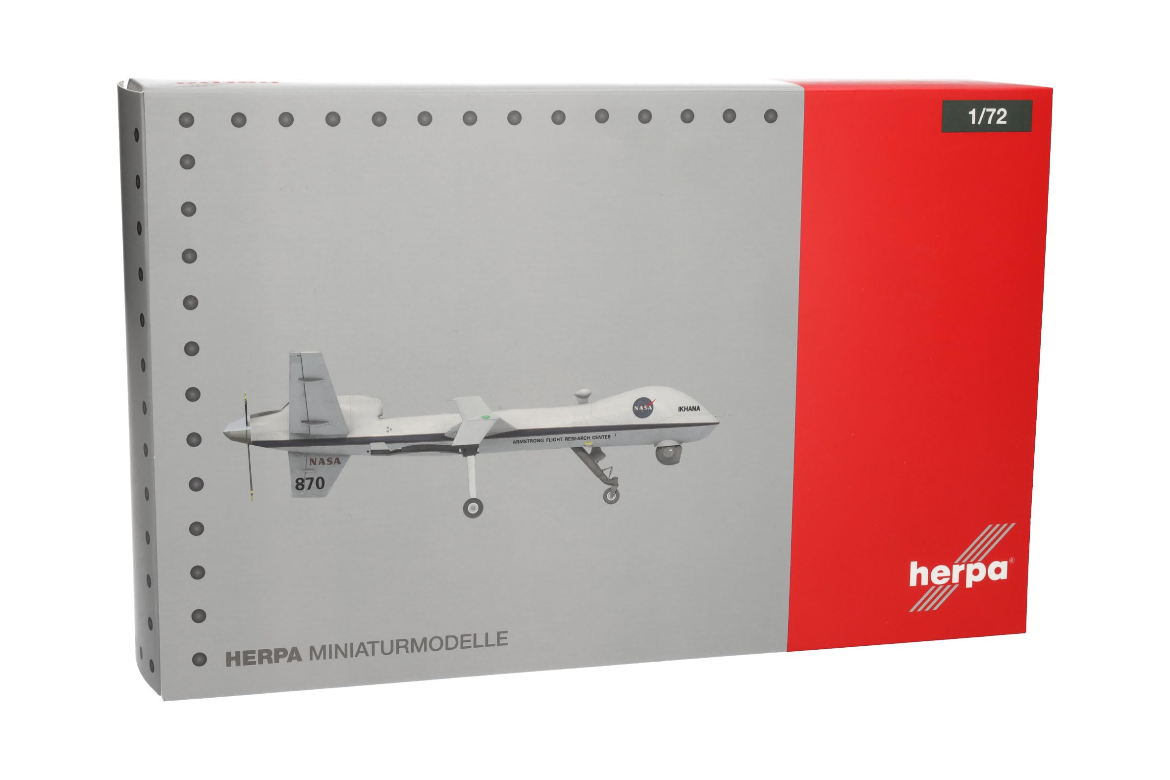 Herpa Modellflugzeug NASA MQ-9A Ikhana, Armstrong Flight Research Center, Edwards Air Base, Miniatur im Maßstab 1:72, Sammlerstück, Modell mit Standfuß, Metall