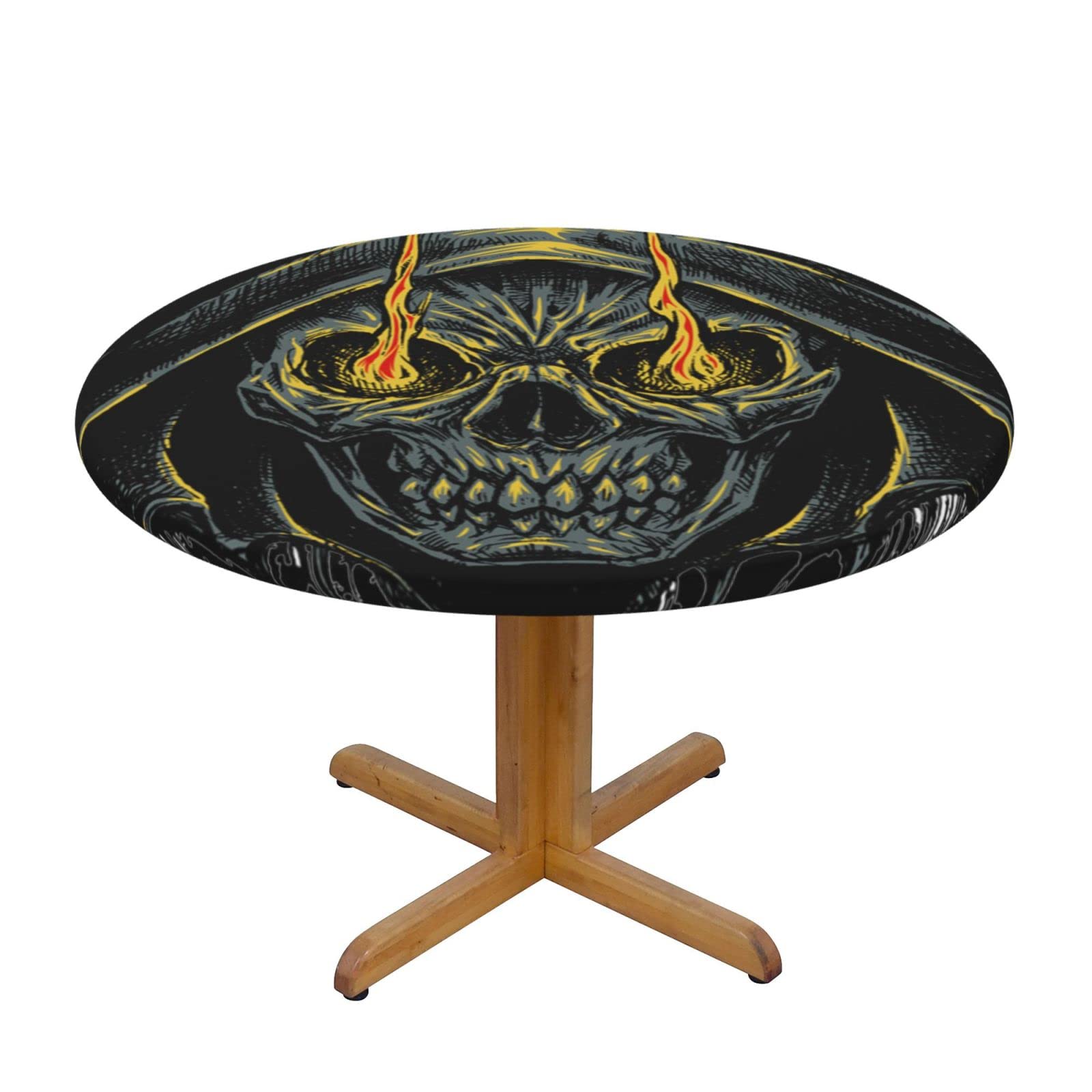 Lsjuee Round Fitted Tablecloth 40-44in Elastic Edged Table Cloth for Kitchen Dining Party Home Decor - Grim Reaper Skull Flame Death