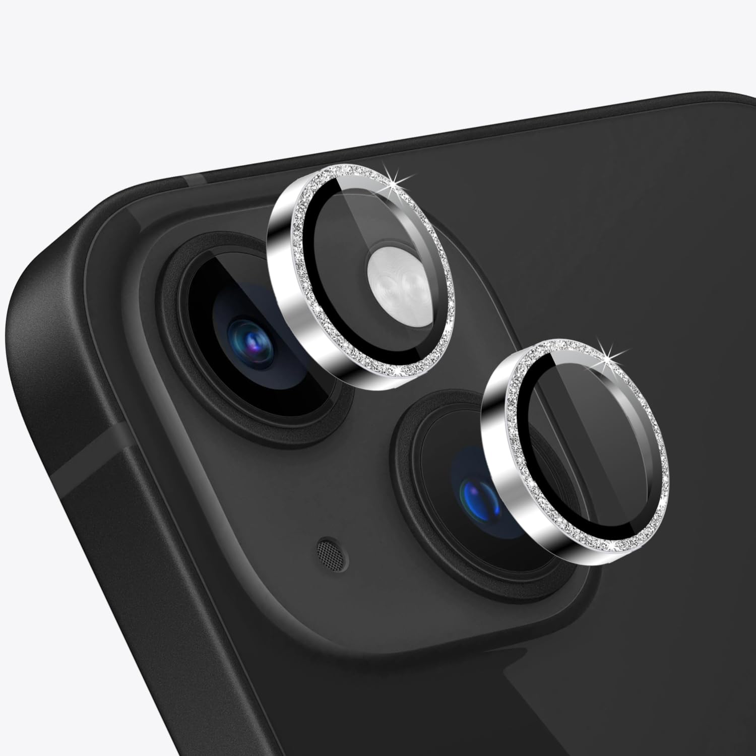 TENOC Camera Lens Protector for iPhone 14 & iPhone 14 Plus, 9H Tempered Glass Camera Screen Cover, Silver Glitter Metal Individual Ring
