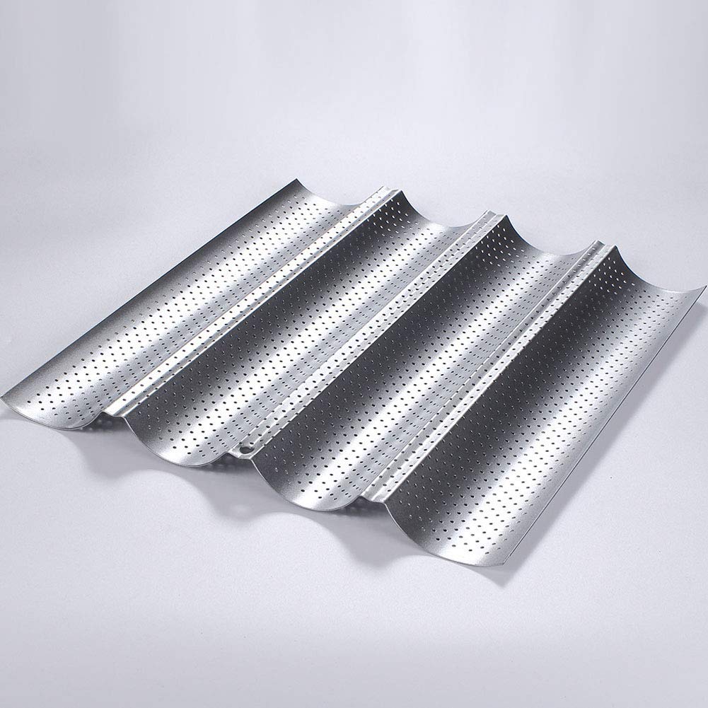 Baguette Baking Tray, Nonstick Wave Mould Fast and Evenly Heating, Perforated Baguette Kitchen Gourmet Making Pan, Baking Sheet, for French Bread, Stick Bread, Toast Maki(Silver 4 Baguettes-1Pcs)