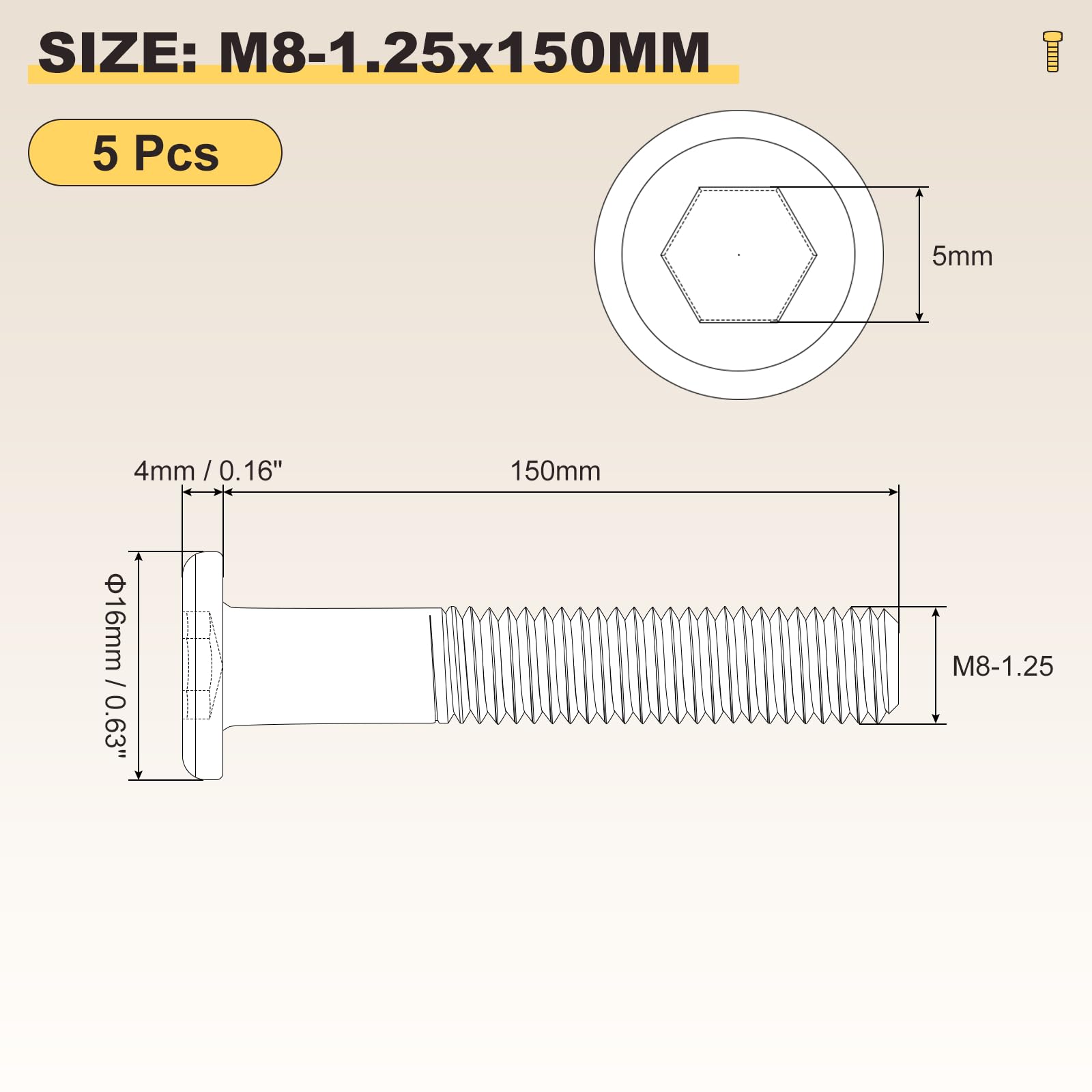 METALLIXITY Flat Head Hex Socket Cap Screws Bolts(M8-1.25x150) 5Pcs, Steel Hex Socket Furniture Bolts Screws - Image 2