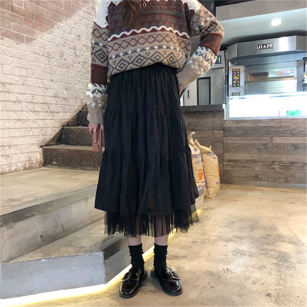 Gonne Lunghe in Tulle da Donna, gonne a Pieghe Elastiche a Vita Alta, gonne Lunghe Femminili Black M