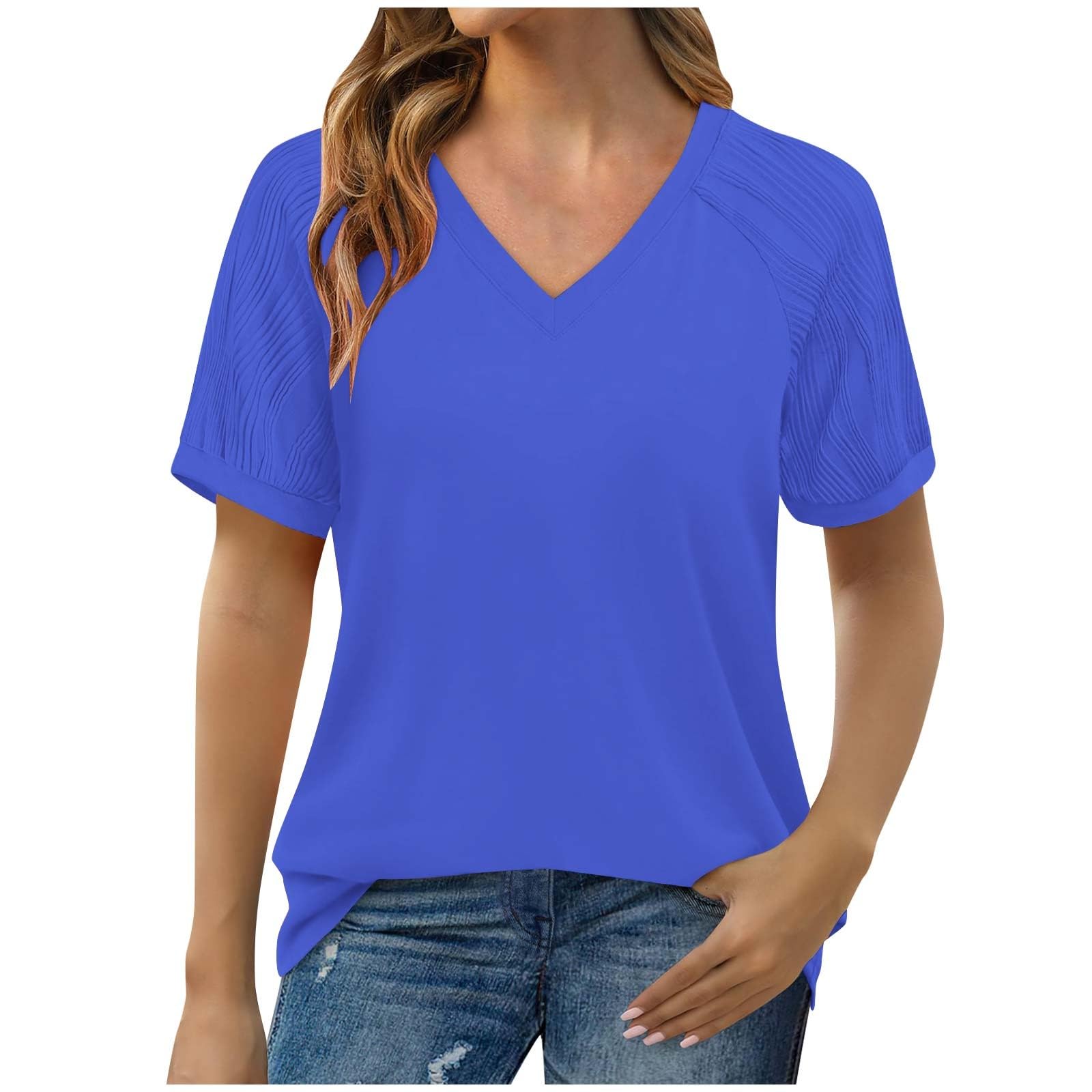 JYJXFD Blusa Mujer Talla Grande Camisa Mujer Elegante Blusas De Vestir De Mujer Tops Mujer Día Festivo Cortas Moda Camiseta Manga Corta Escolar Estirar V Cuello T-Shirt Perder Color Sólido