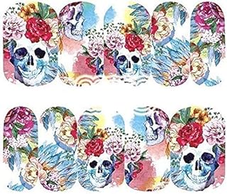 Sheet of Skull Stickers with Flowers Watercolor Phychedelic Effects Nail Decal Punk Gothic Rockabilly Skull Nail Wrap Decals Sticker Salon Quality Nail Art - Great for Halloween!