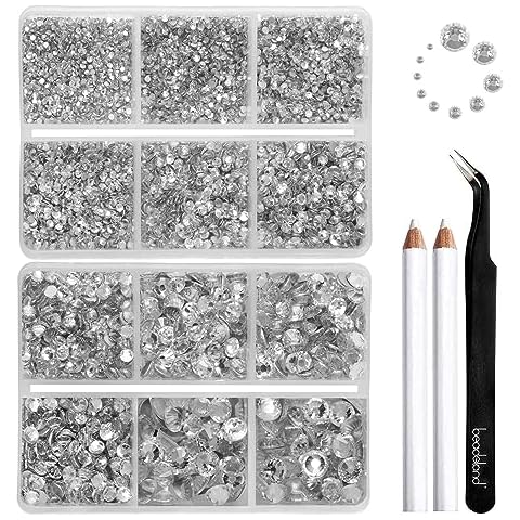 Beadsland 8300PCS Flatback Rhinestones, Clear Rhinestone Nail Gems Round Crystal Rhinestones for Crafts, Mixed 10 Sizes with Wax Pencil and Tweezer Kit, SS3-SS30, Crystal Cover