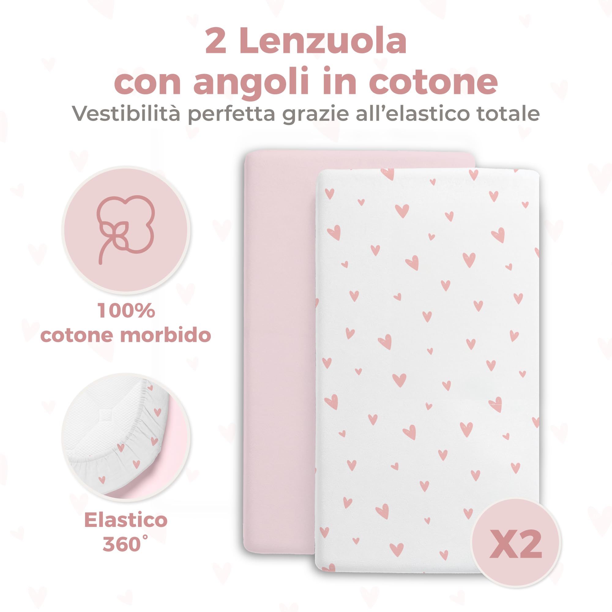 Dreamzie 2 Lenzuola culla Neonato + 1 Coprimaterasso Impermeabile Lettino con Elastico - 100% Cotone Per Culla Co-sleeping, Lettino - 50x83 cm Heart