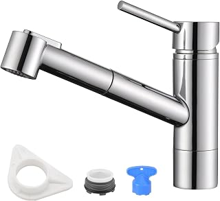 DAYONE Pull Out Kitchen Sink Mixer Taps, Modern Bar Sink Tap, 120° Swivel Kitchen Sink Tap with 2 Functions Sprayer, Single Level Zinc Alloy Kitchen Faucet with UK Standard Fittings, Polished Chrome