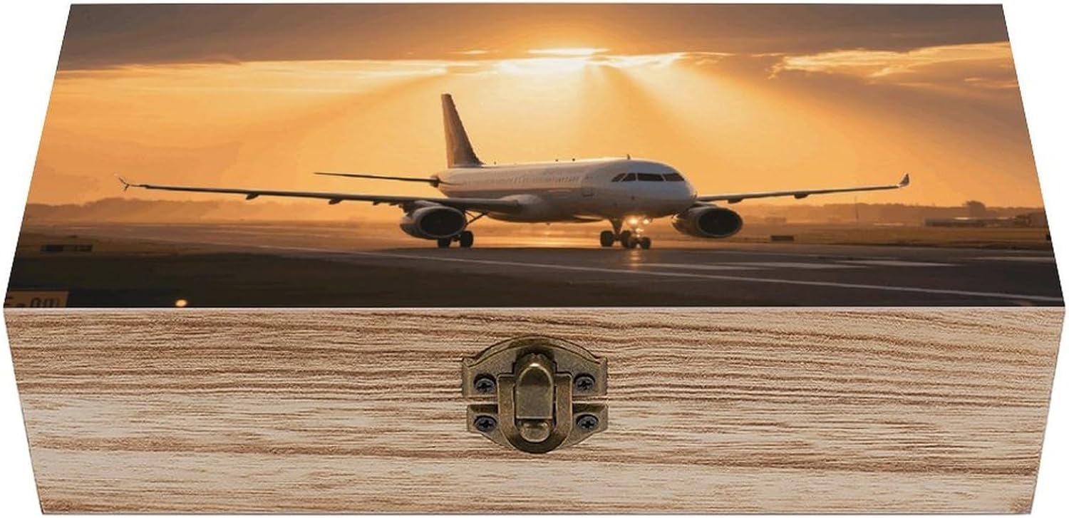Decorative Keepsake Box Wooden Storage Boxes with Hinged Lid Handmade Airplane at Sunset Wood Organizer Memory Treasure Box for Jewelry Craft Card Photo Storage Wedding Bridal Shower Gifts
