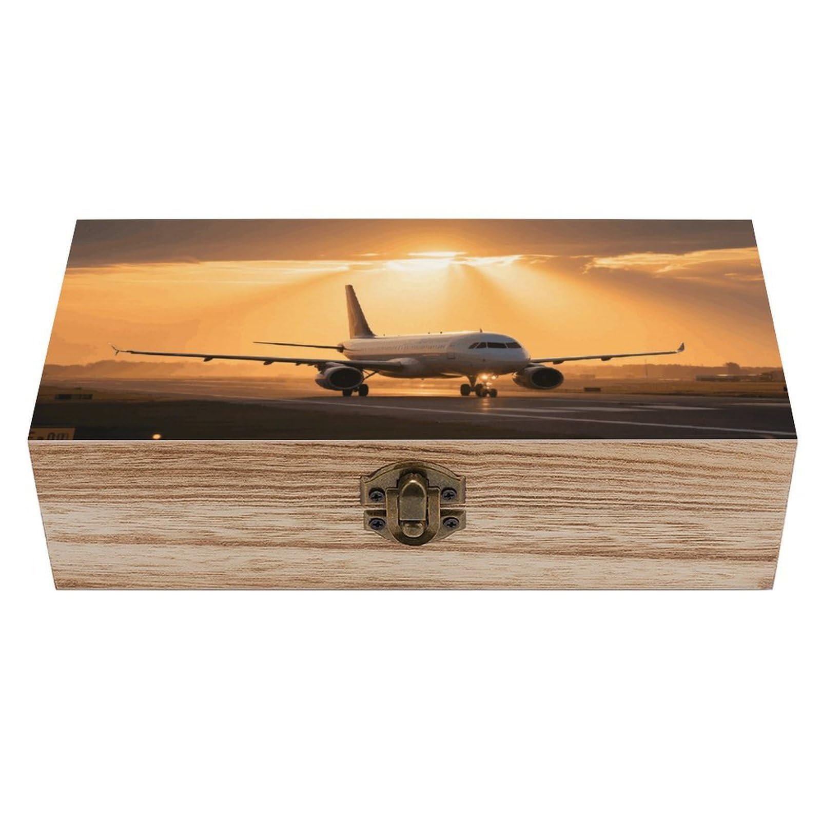 FodPand Decorative Keepsake Box Wooden Storage Boxes with Hinged Lid Handmade Airplane at Sunset Wood Organizer Memory Treasure Box for Jewelry Craft Card Photo Storage Wedding Bridal Shower Gifts