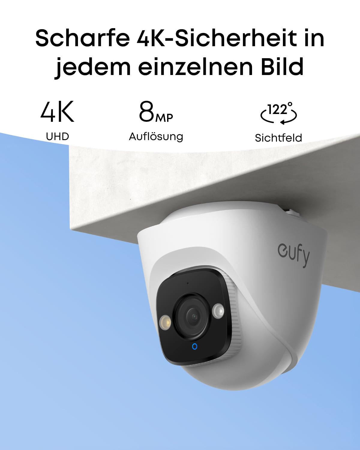 eufy PoE Turret-Überwachungskamera E41, verkabelte Außenkamera, 4K UHD, 122° Weitwinkel, F1.6 Farbnachtsicht, 24/7-Aufzeichnung, KI-Erkennung für Mensch/Fahrzeug/Tiere, rot-blaues Warnlicht, Plug&Play