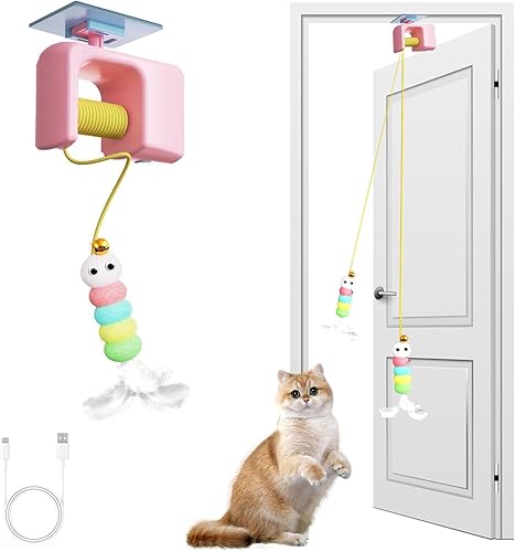 Juguetes interactivos para gatos de interior  Juguete eléctrico automático de puerta colgante con varita retráctil de plumas, divertidos juguetes de