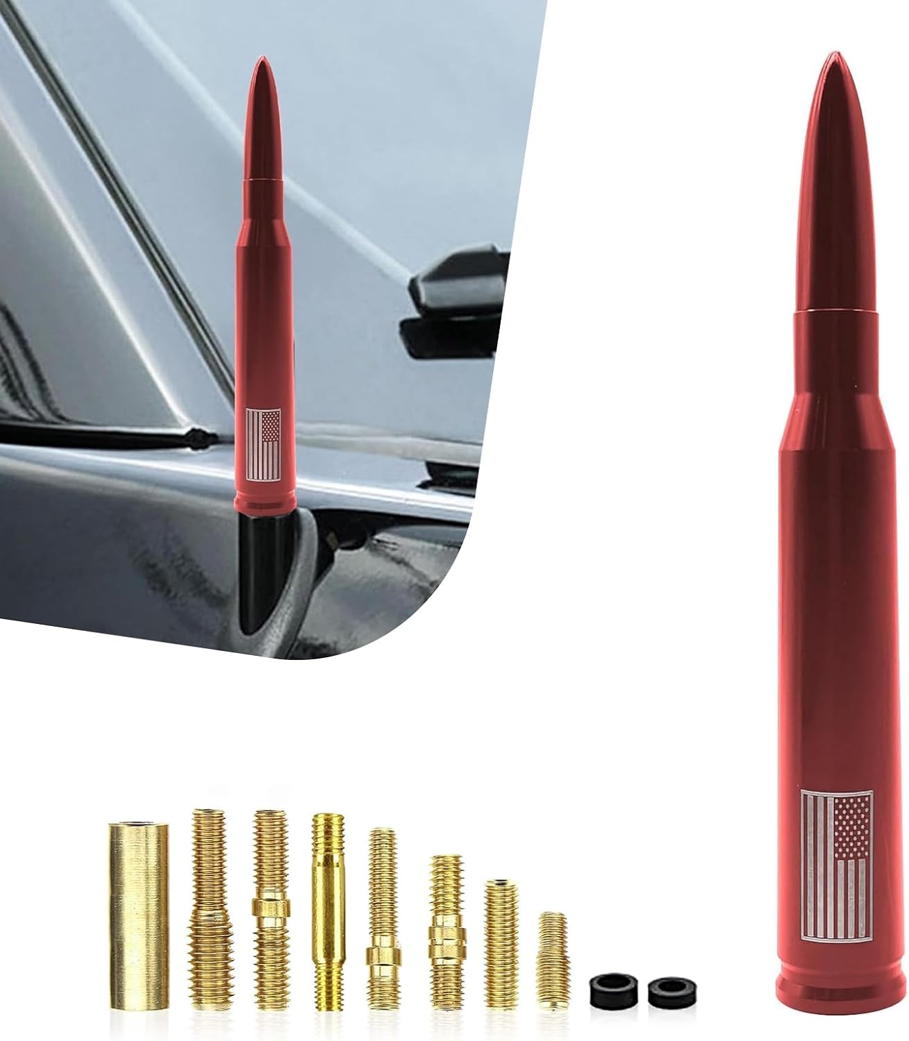 1 PC Car Bullet Antenna, Retractable Antenna Replacement, Enhanced Signal Receiver, Antenna with Screw Spacer, Compatible with Ford F150 Wrangler Jeep Chevrolet (Red), Medium, FASTX309RE-1PC