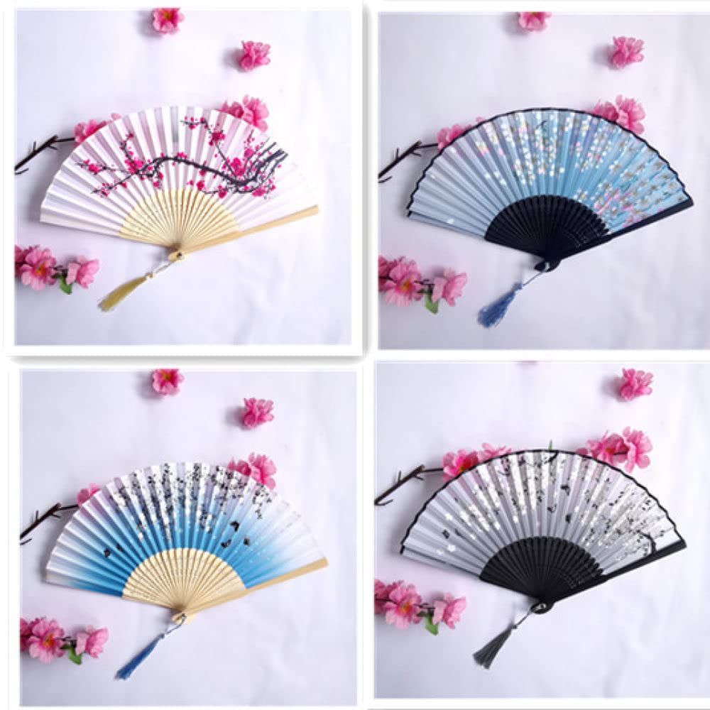 NZPOST Folding Fan Handheld, 4Pcs Folding Fans Exquisite Floral Oriental Cloth Fabric Silk Fans With Tassel Bamboo Fans Japanese Chinese Fan For Dancing Wedding Home Decorations