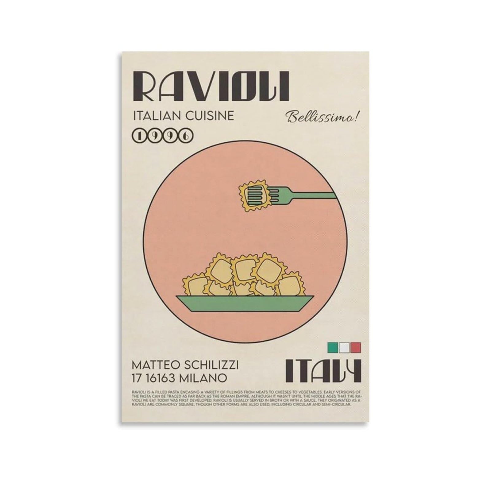 QZFNCOYU Kitchen Italian Cuisine Ravioli Vintage Food Kitchen Art Poster Canvas Poster Wall Art Decor Print Picture Paintings for Living Room Bedroom Decoration 12x18inch(30x45cm)