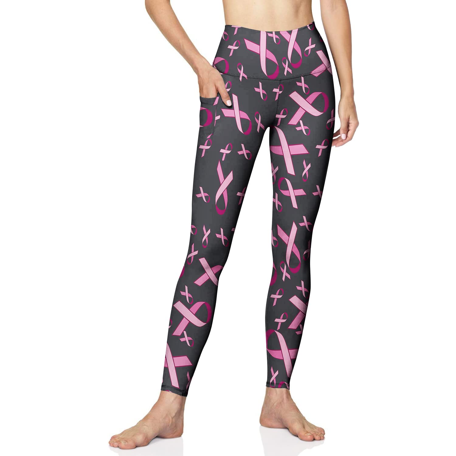 CAIJI Yoga Pants Women Tummy Control Leggings Breast Cancer Awareness Pink Ribbon Gym Trousers Durable Fitness Tights 2XL