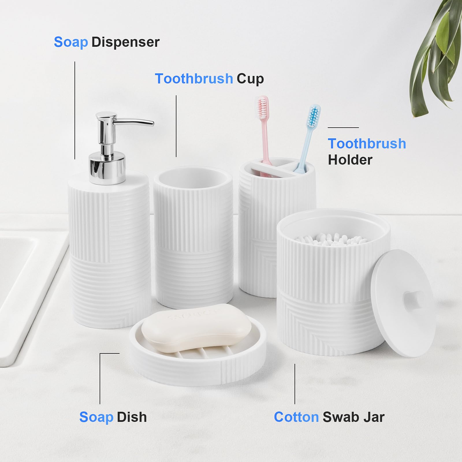 Juego de 5 accesorios de baño, juego de accesorios de baño de resina, juego completo con dispensador de jabón, juego de soporte para cepillo de dientes, jabonera, tarros de hisopo de algodón para