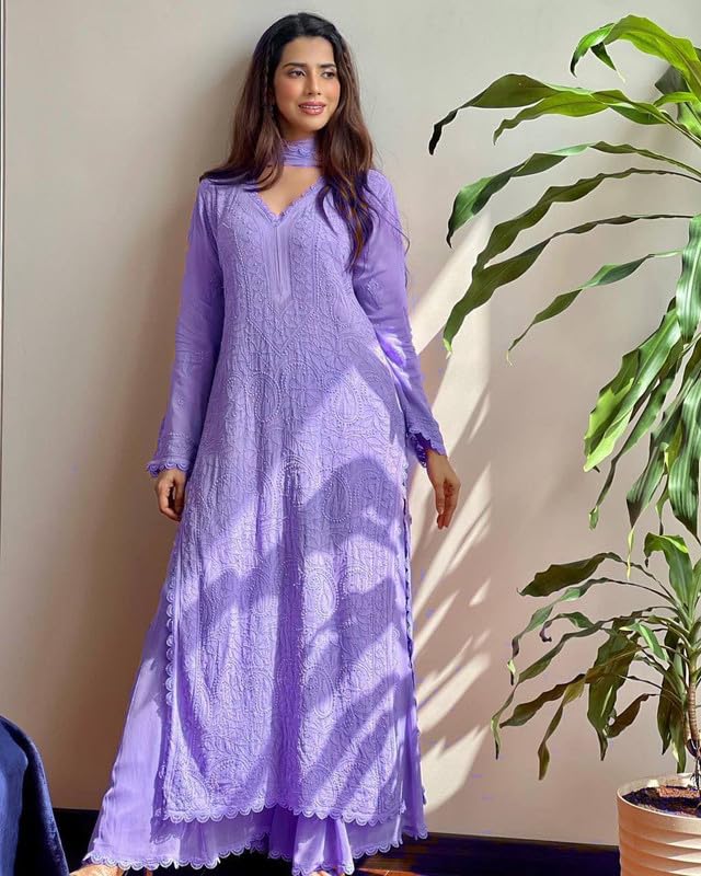Image of Women Embroidered Straight Kurti with Palazzo And Dupatta Set | Elegant Ethnic Wear Kurta Set | V-Neck Long Sleeve Kurti | Stylish Casual, Festive & Wear for Women