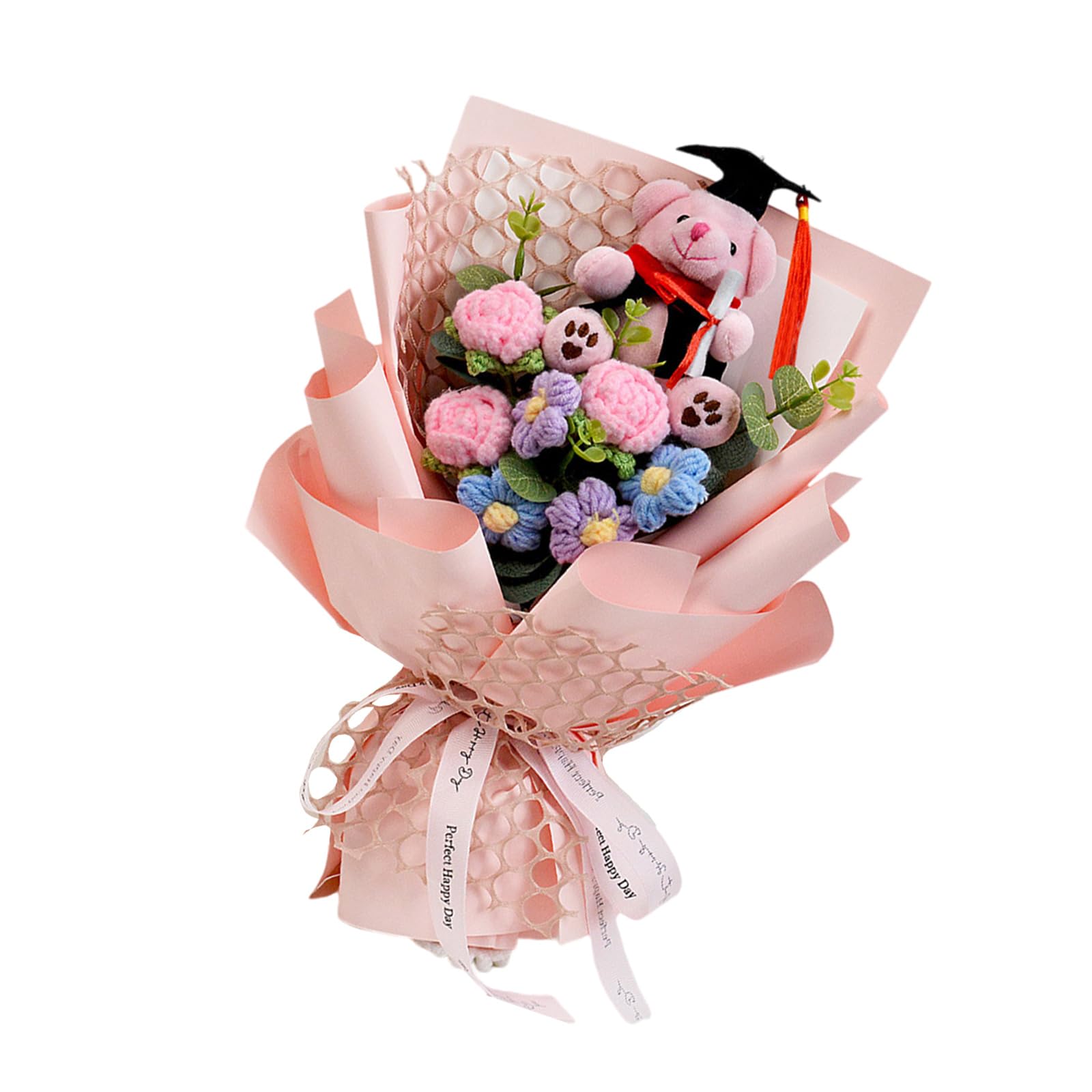 HZBB Delicate Crochet Bouquet with Doll Designs Hand-woven Flower Great for Graduation Party Lovely Graduation