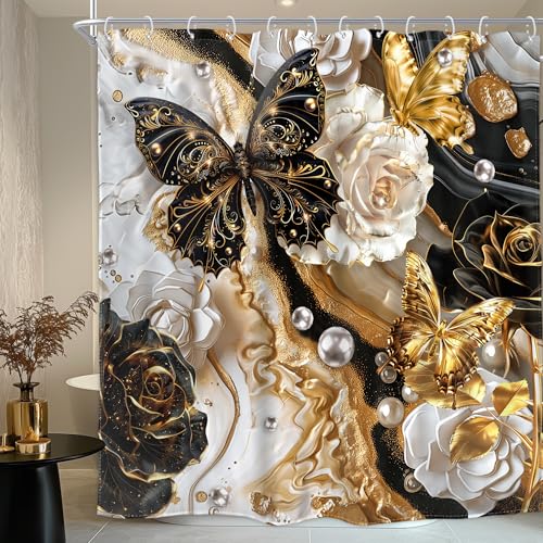 Homewelle Black and Gold Marble Shower Curtain Butterfly Rose Floral Pearl Abstract Modern Luxury Ink Texture 72Wx72H Inch Elegant Golden Fluid Aesthetic Waterproof Polyester Fabric Bathroom Bathtub
