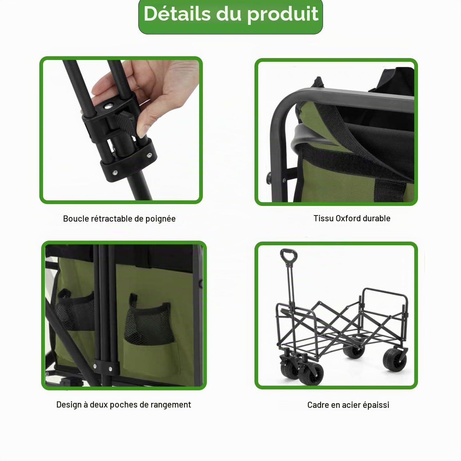 Chariot de transport pliable de 230 l avec grande capacité et hayon ouvert, charge maximale : 200 kg, avec roues tout terrain, cordes