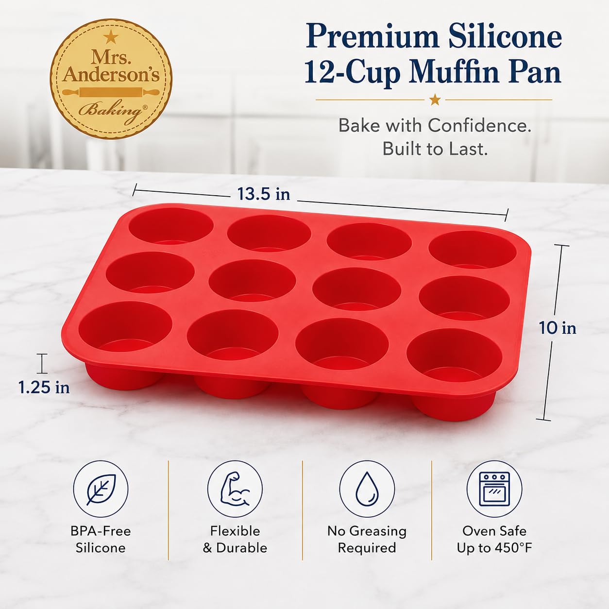 Mrs. Anderson's - Molde para magdalenas de silicona (6 tazas, sin BPA, antiadherente, silicona de grado europeo, 13,18 x 9 x 0,6 cm) Molde para magdalenas, 12 tazas 12-Cup Muffin rosso