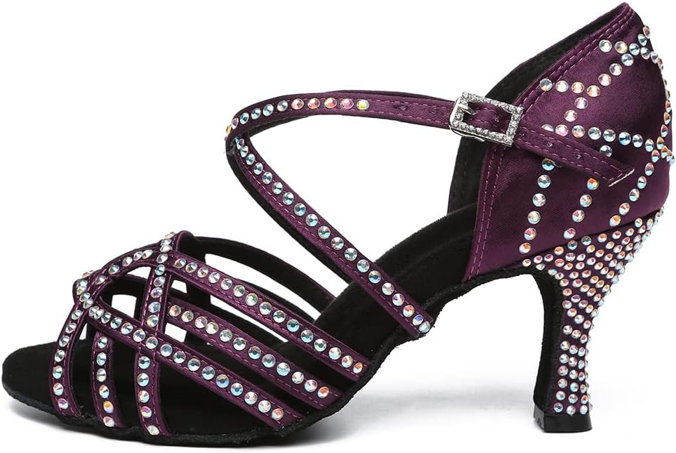 HROYL Women Rhinestone Ballroom Dance Sandals Latin Salsa Glitter Dancing shoesYCL483-7.5 Purple, 6.5 B(M) US