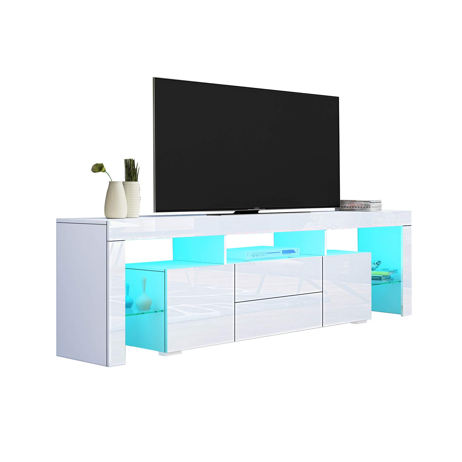Chebinsiti 200CM LED TV Cabinet Modern High Gloss TV Stand Cabinet TV Unit with LED Lights, 2 Drawers and 2 Doors for Bedroom Living Room Home Furniture, White