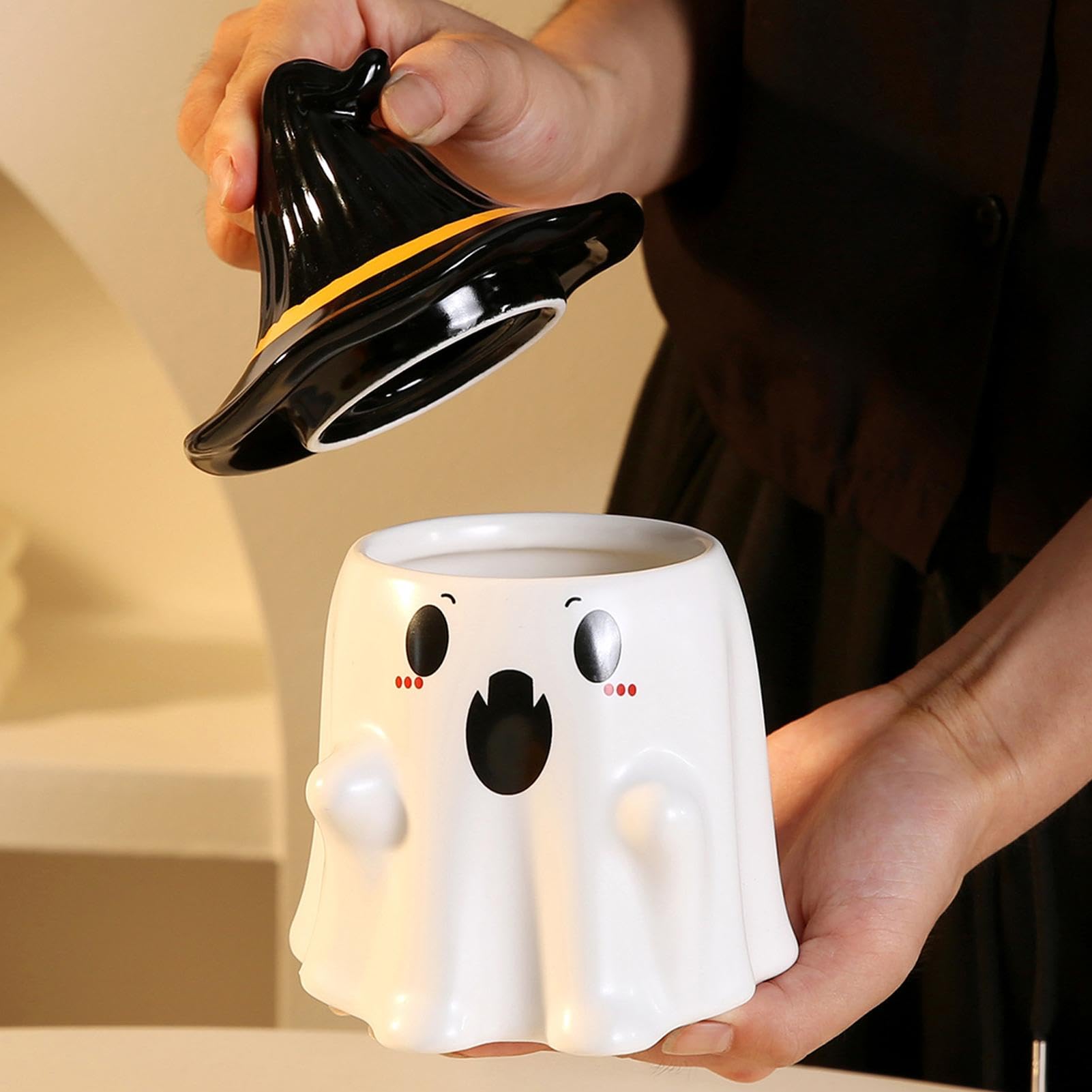 Süße Geister-Kaffeetasse Mit Deckel – 300ml Keramik, Halloween-Deko & Lustiges Geschenk