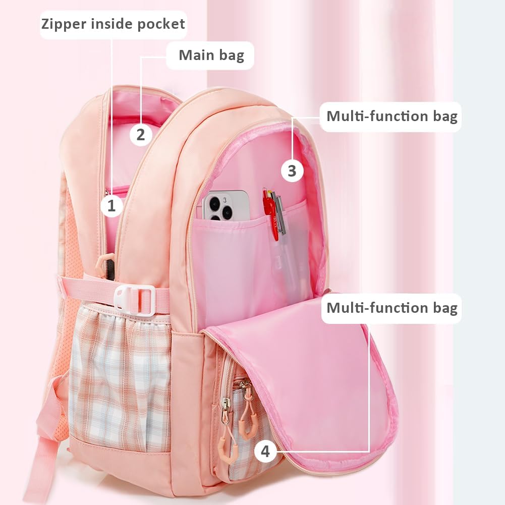 MCWTH Checkered Backpack for Teen Girls, Kawaii Cute Kids Elementary Student School Backpacks (Bow Pink)
