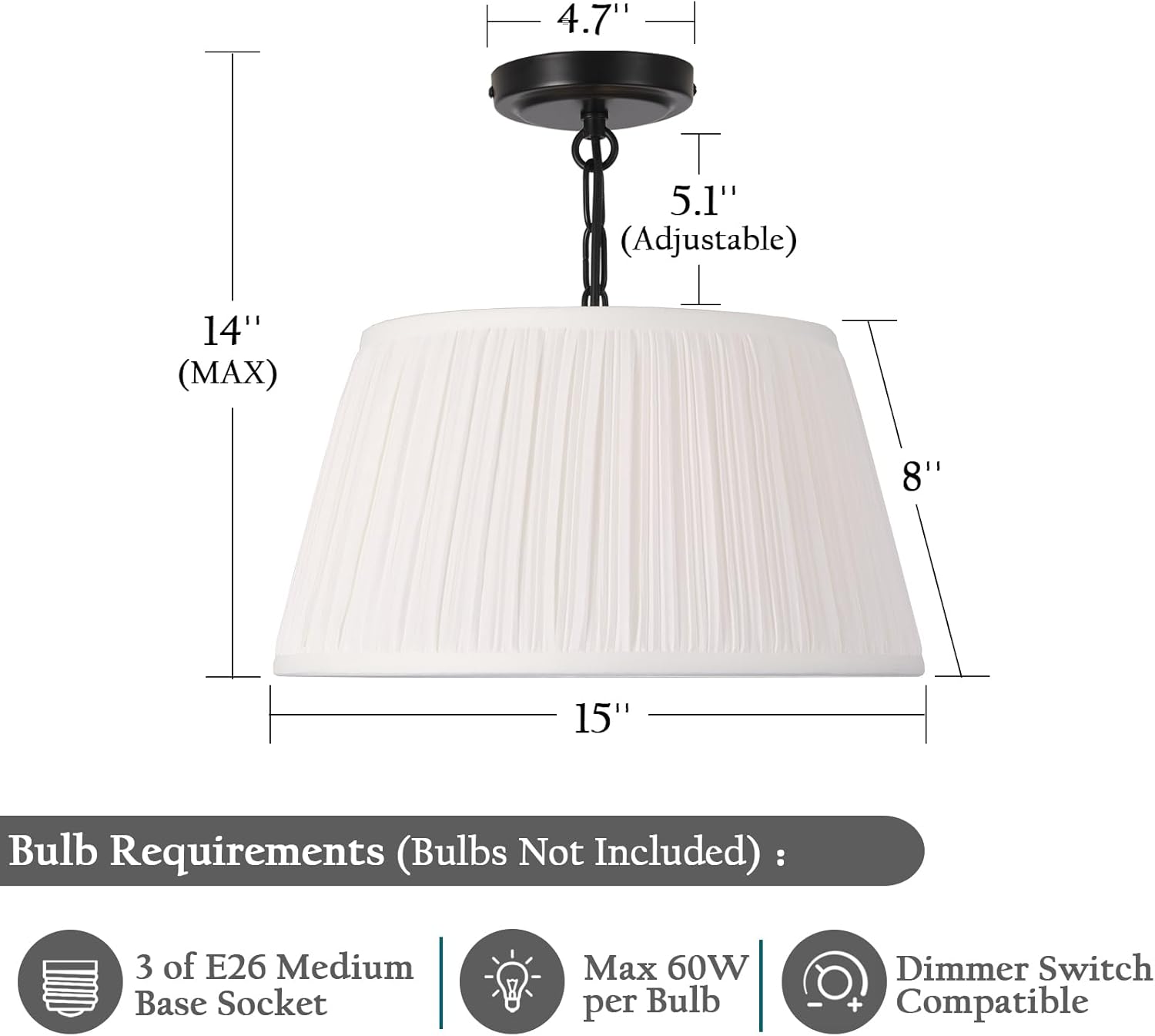Electro bp; 15”Dia White Pleated Drum Shade Close to Ceiling Light Fixture Modern Classic Brocade Fabric Cone Shape Semi-Flush Mount,Matte Black Painted,3 Sockets,E26,180W,Large;