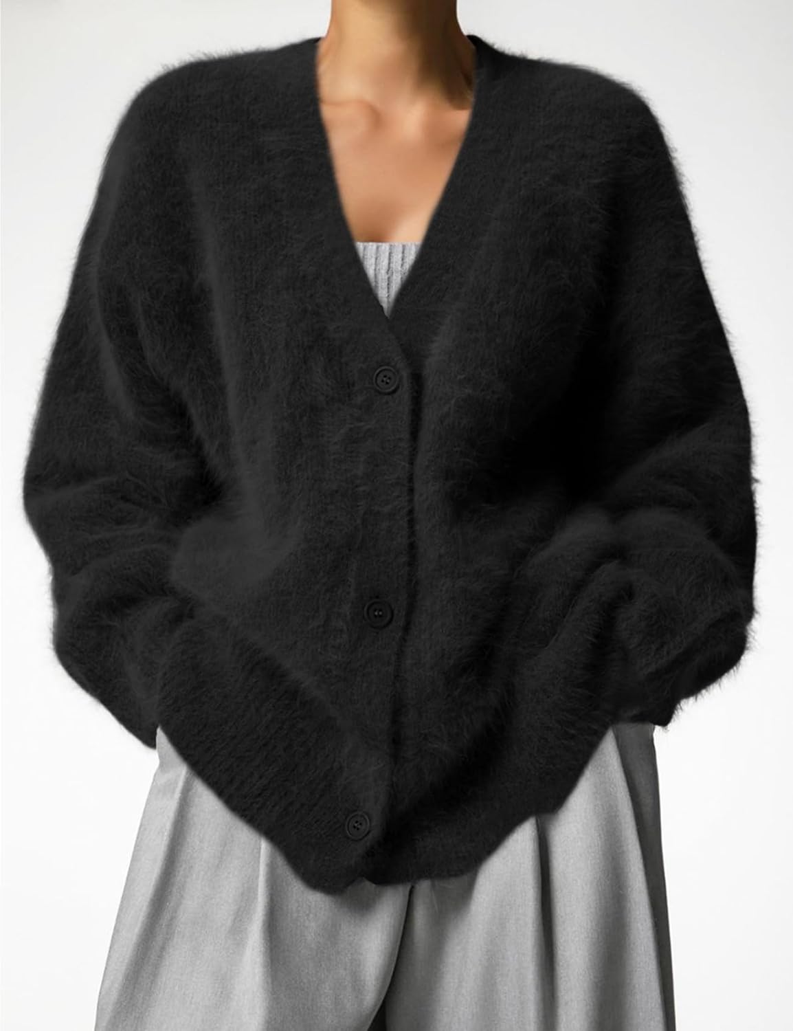 Wyeysyt Womens Fuzzy Cardigan Sweater V Neck Button Down Oversized Casual Furry Sweater 2026 - Image 4