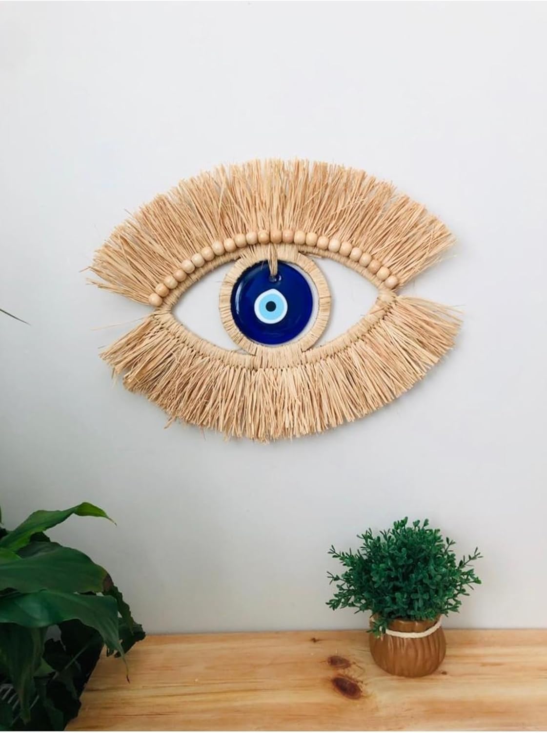 Handmade Banana Fiber Evil Eye Wall Decor Set - 3 Piece Natural Boho Wall Hanging with Traditional Nazar Beads for Home Office Balcony Protection
