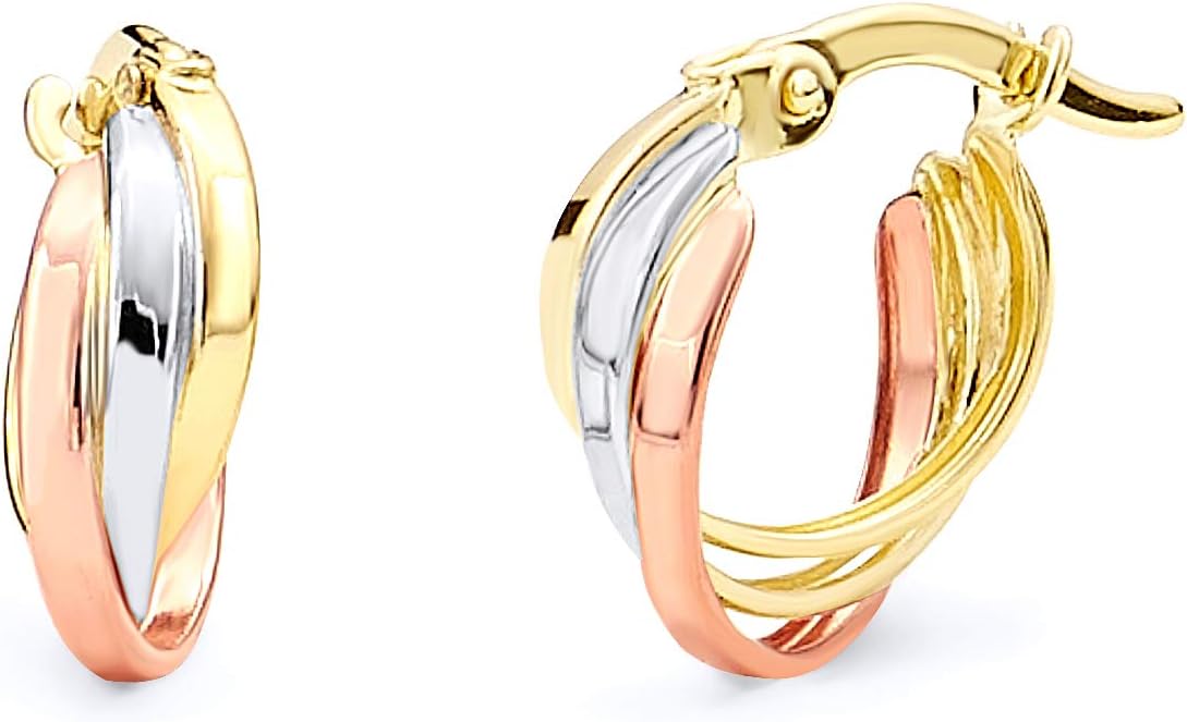 14k REAL Tri Color Gold 5mm Twisted Hoop Earrings (10 x 10 mm)