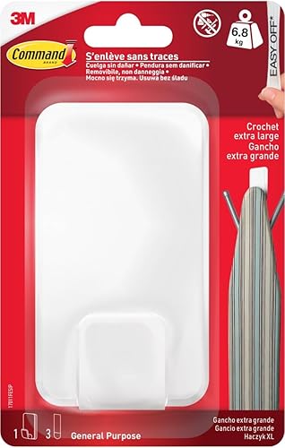 Command Gancho, Blanco, Extragrande XL para Objetos Pesados, 1 Gancho + 3 Tiras Adhesivas, para Interiores y Otros ArtΓculos de Hasta 6,8 kg, sin Clavos, sin Agujeros, sin Taladrar - XL - 6,8 kg