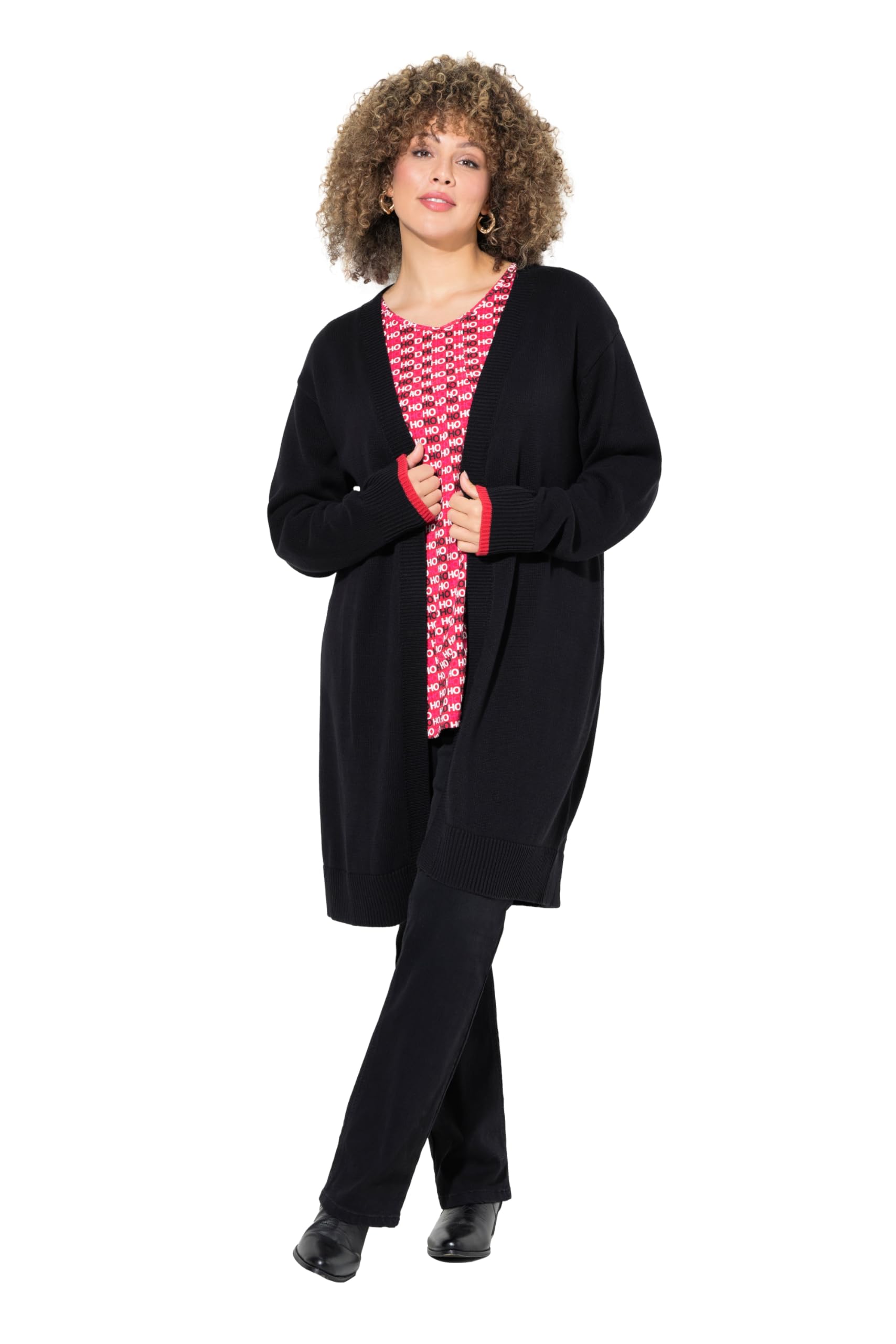 Ulla Popken Damen große Größen Übergrößen Plus Size Strickjacke, Lebkuchenmann, offene Jacke, V-Ausschnitt 833761
