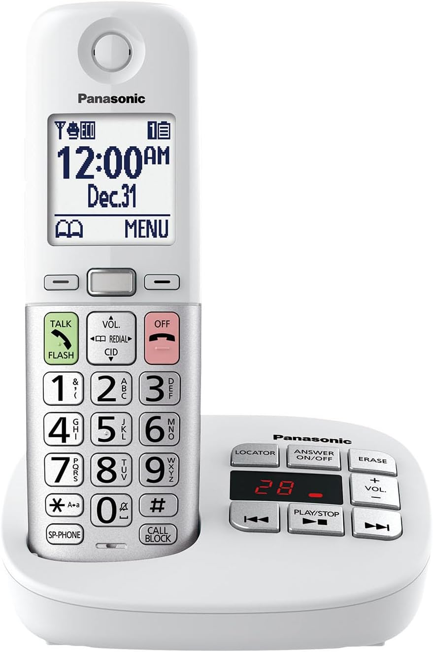 Panasonic - Cordless Easy to Use Phone with Large Display and Big Buttons, Flashing Favorite Key, Built-in Flashlight, Call Blocker, Volume Control, Identification
