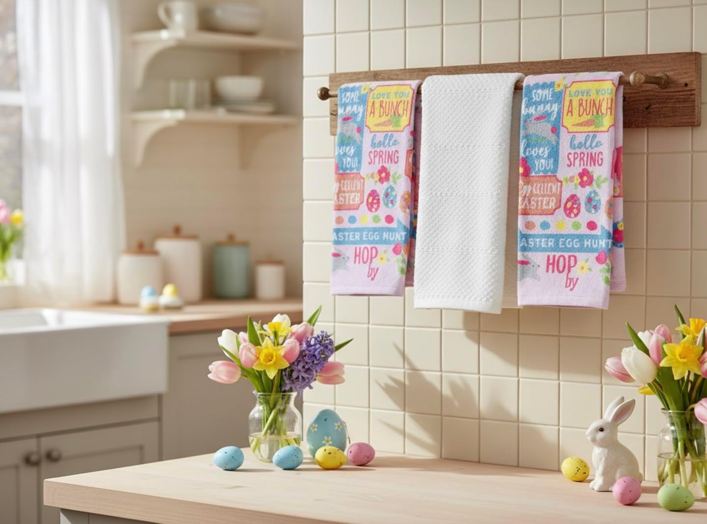 Serafina Home Easter Spring Kitchen Hand Towels: Two Bunny RABIT Designs and One Coordinating Kitchen Towel, 100% Cotton, 3 Pc Set (Design 7)