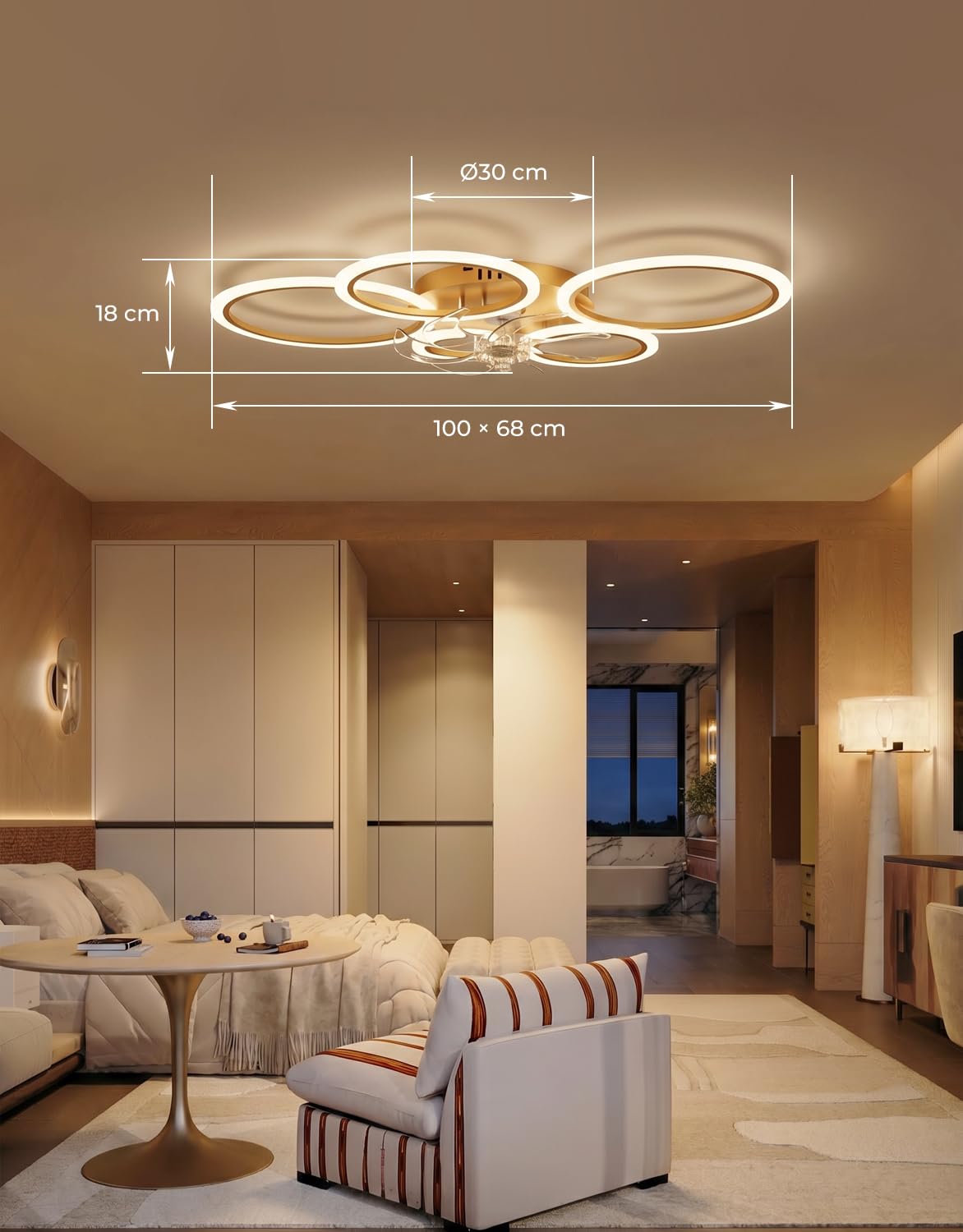Plafoniera con Ventilatore da Soffitto, Anelli Lampadario Led con Ventilatore da Soffitto, Dimmerabile, Motore DC, Modalità Estate Inverno, Ventola Soffitto con Luce e Telecomando, Oro