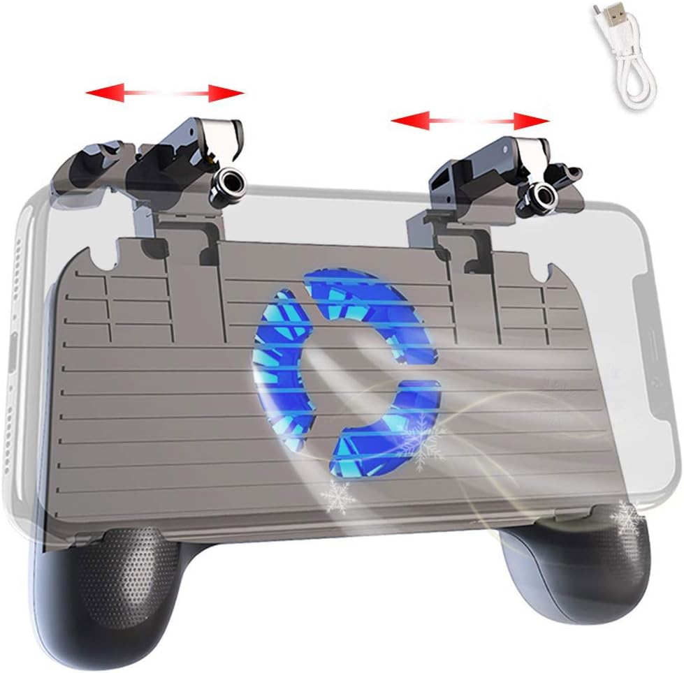 Mobile Controller with Power Bank Cooling Fan for Fortnite PUBG, Mobile Controller L1R1 Game Trigger Joystick Gamepad Grip for 4.5-6.5" Android iOS Phone【Latest Version Blue Light 4000mAh】