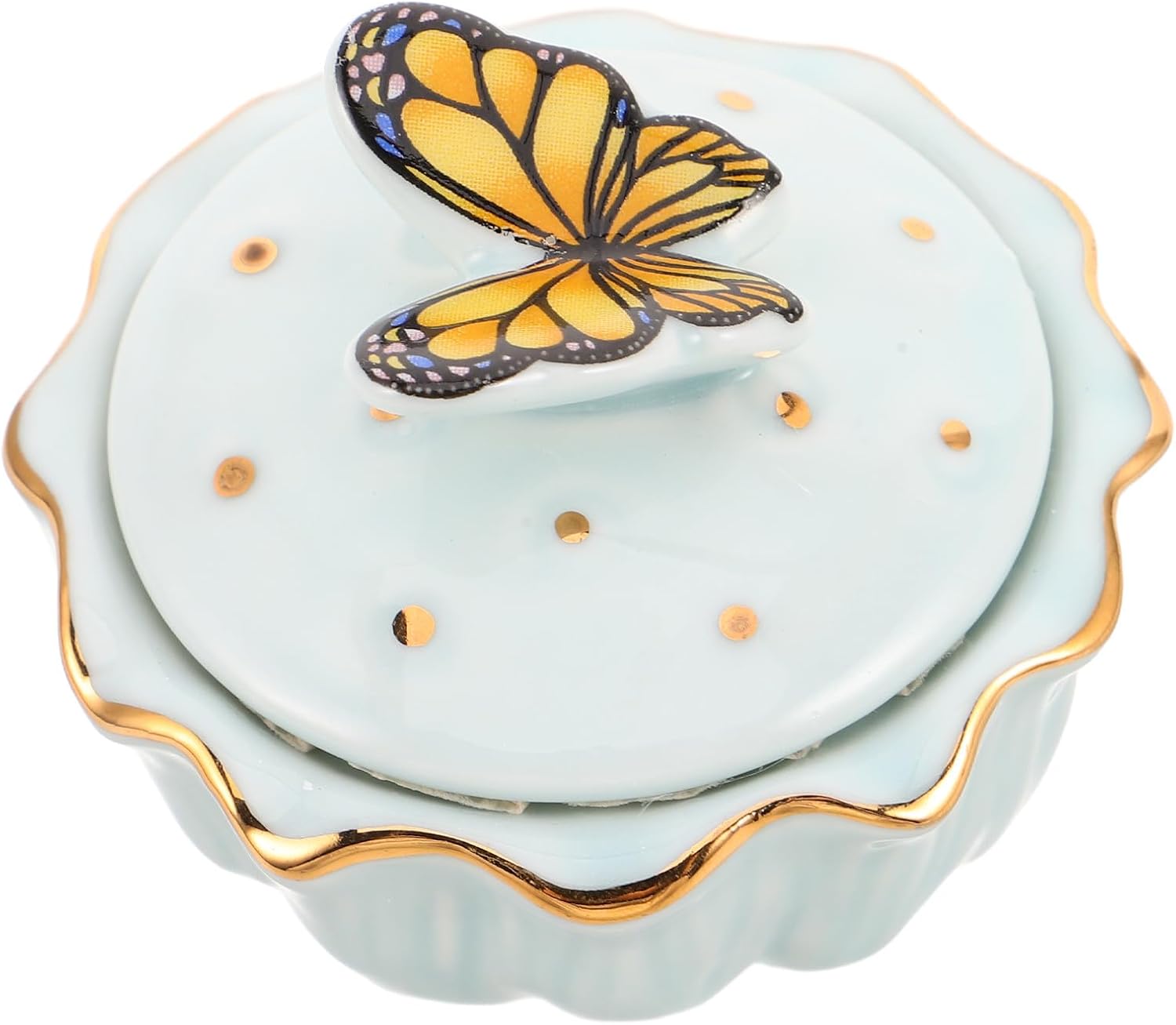 Ceramic Nail Brush Cleaner Cup with Lid Blue Butterfly for Manicure