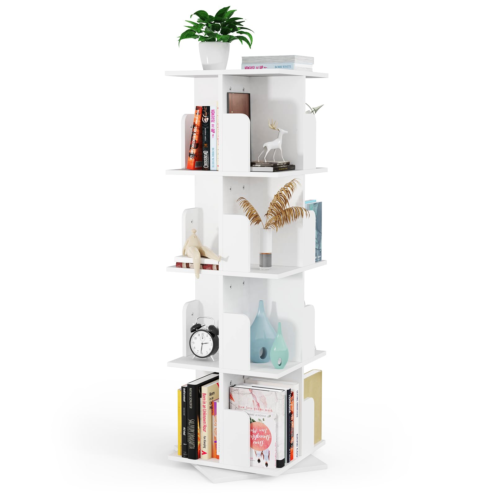 HaodaCulture Libreria Giratoria, Estanteria Blanca, 4 Niveles, Estanteria Giratoria 360° de Piso, Estanteria Almecenaje para Oficina, Salón, 40x40x130cm