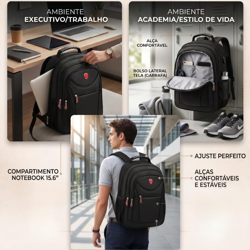 Mochila Masculina Reforçada Executiva Grande Mochila para Notebook Trabalho Viagem Escola Bolso Antifurto com Saídas USB/Fone Unissex Mochila Masculina Reforçada Executiva Grande Mochila para Notebook Trabalho Viagem Escola Bolso Antifurto com Saídas USB/Fone Unissex